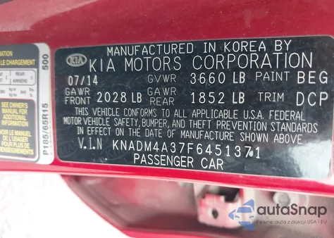 2015 Kia Rio Lx z USA, uszkodzony, nr VIN KNADM4A37F6451371